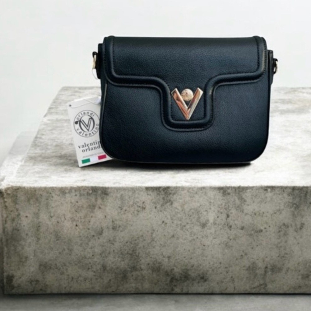Valentino Orlandi Black and Gold Crossbody Bag. Vegan Leather. V-3030.